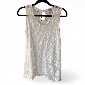 Julia White floral lace sheer tank top dress blouse tunic keyhole back size S/M